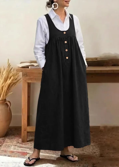 Plus Size Black Pockets Patchwork Cotton Strap Dress Sleeveless