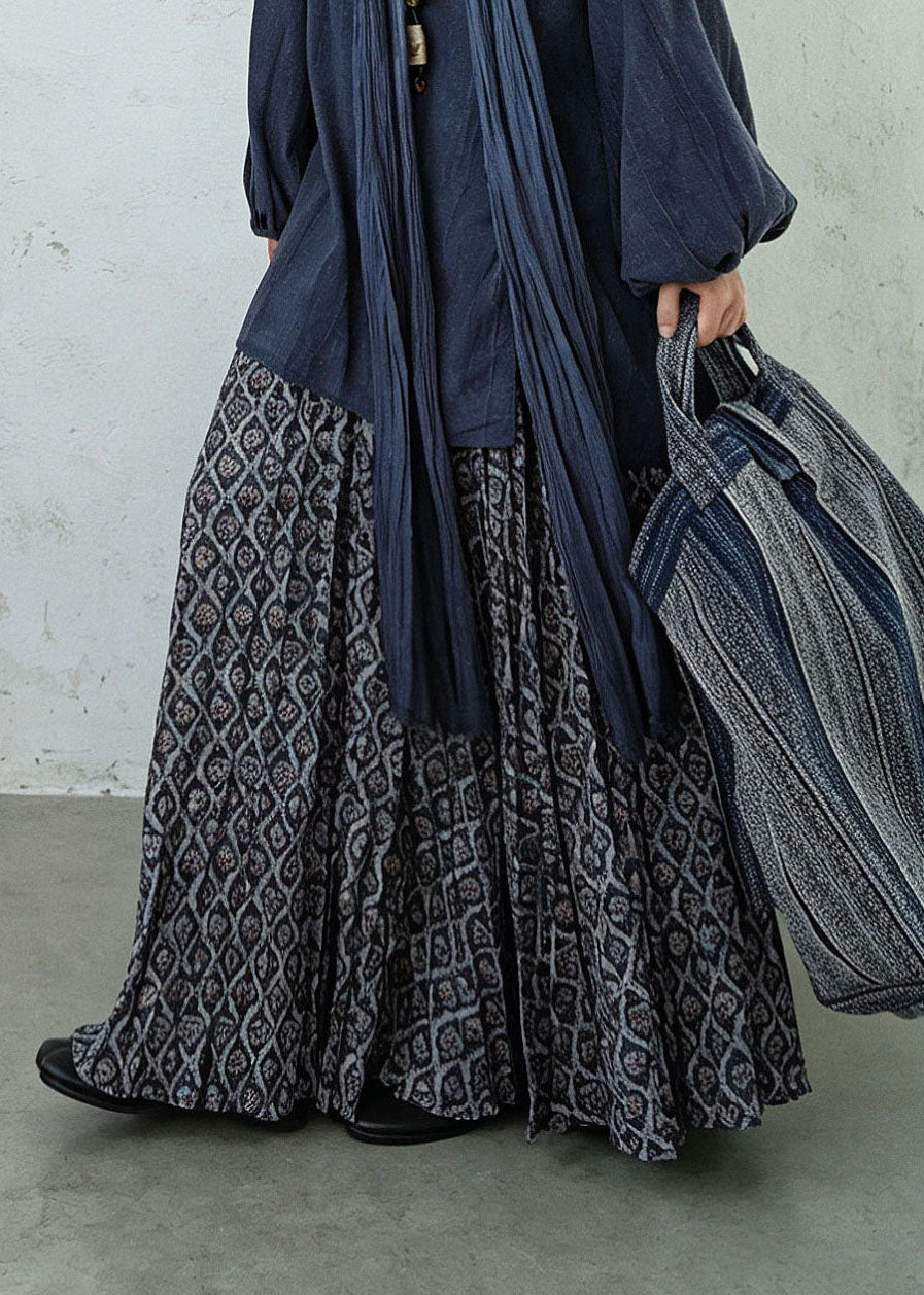 Plus Size Black Print Elastic Waist Maxi Skirts