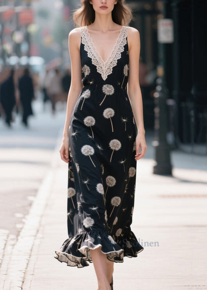 Plus Size Black Print Patchwork Chiffon Robe Dresses Summer