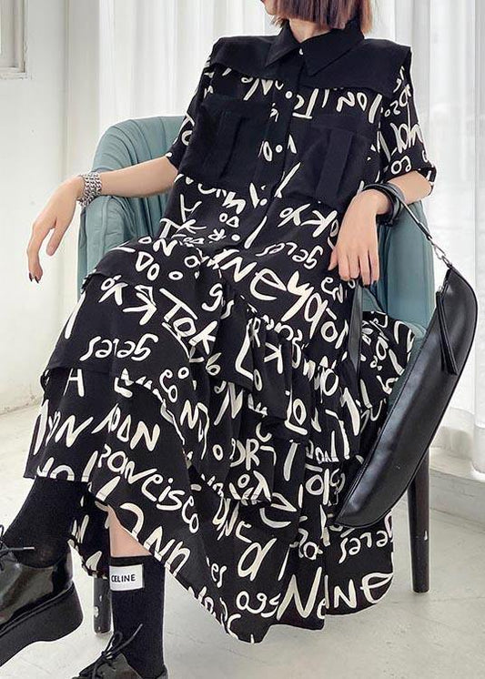 Plus Size Black Print Patchwork Peter Pan Collar Robe Dresses Summer - SooLinen