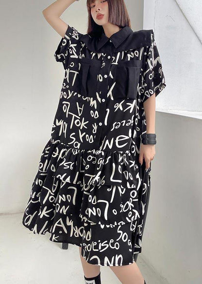 Plus Size Black Print Patchwork Peter Pan Collar Robe Dresses Summer - SooLinen
