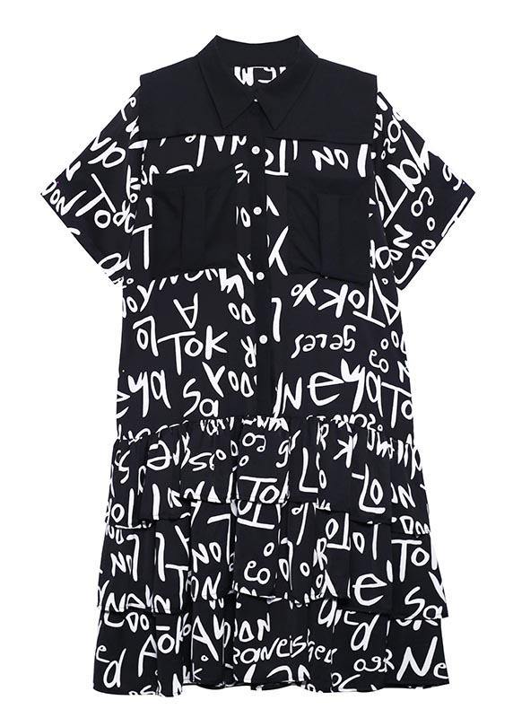 Plus Size Black Print Patchwork Peter Pan Collar Robe Dresses Summer - SooLinen