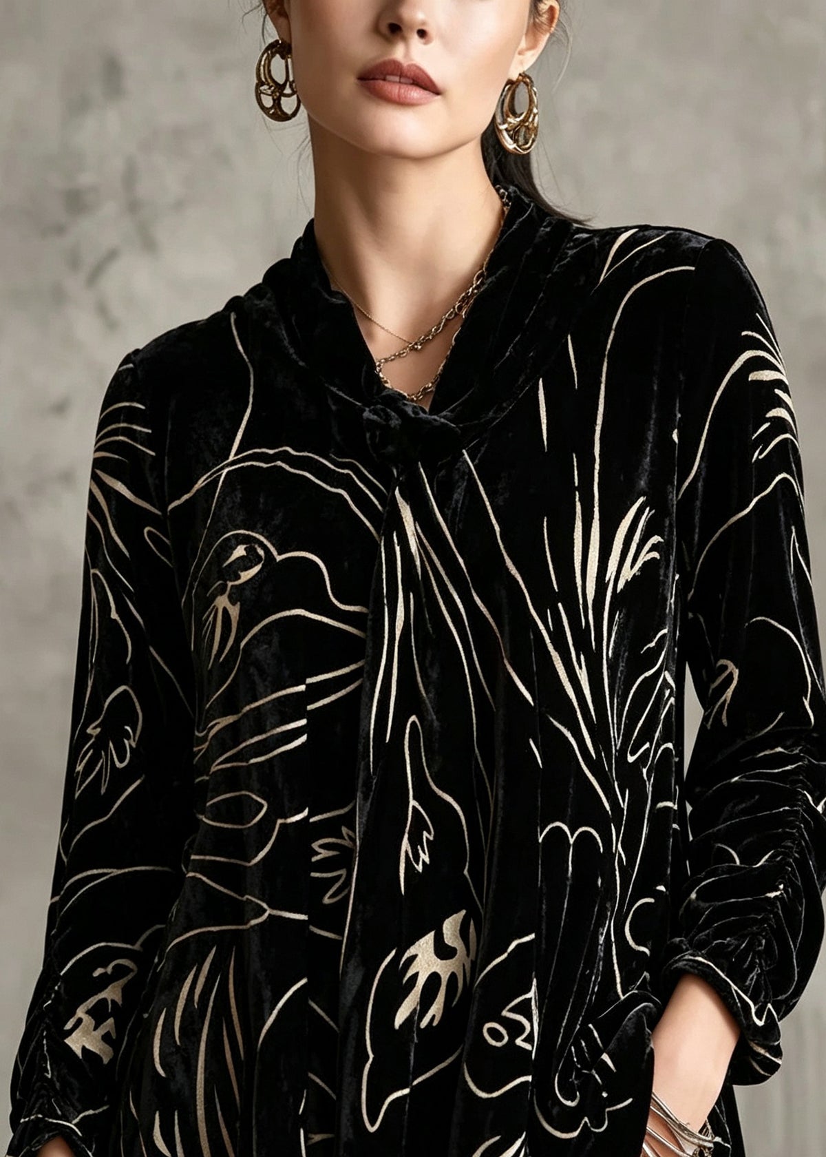 Plus Size Black Print Silk Velour Tops Long Sleeve