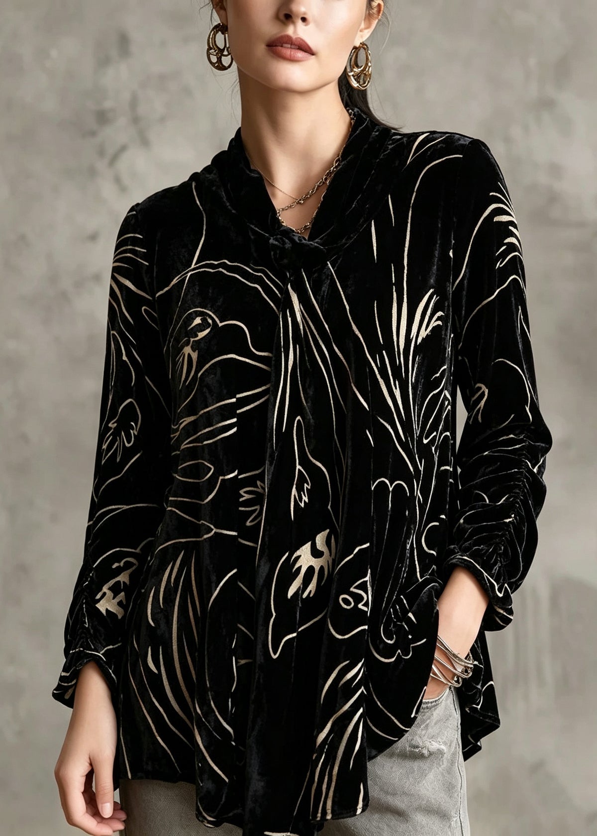 Plus Size Black Print Silk Velour Tops Long Sleeve