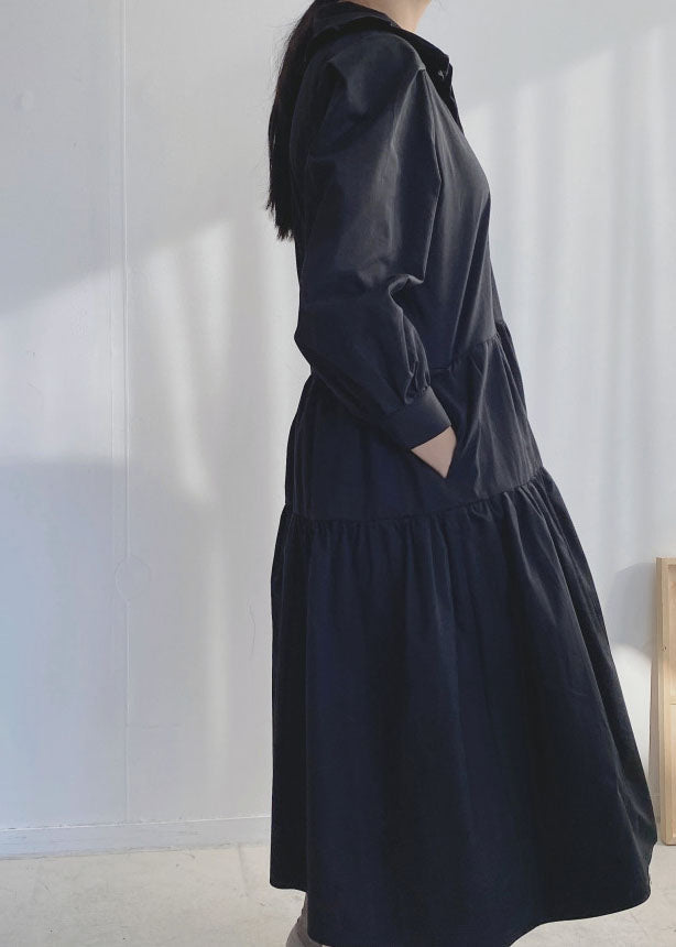 Plus Size Black Ruffled wrinkled Cotton Dress Spring