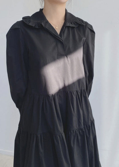Plus Size Black Ruffled wrinkled Cotton Dress Spring