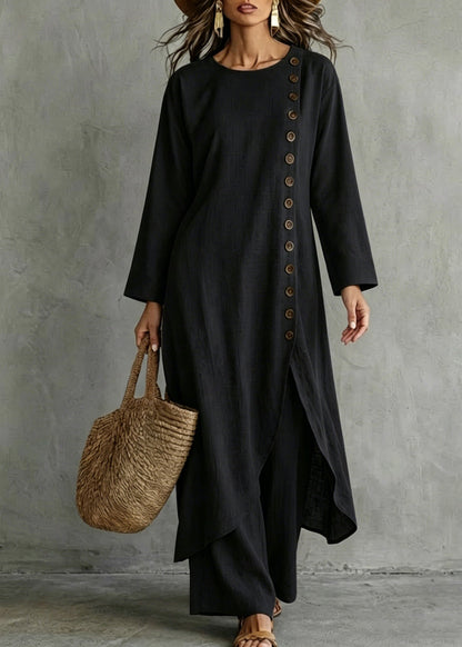 Plus Size Black Single Breasted Cotton Two-Piece Set Fall