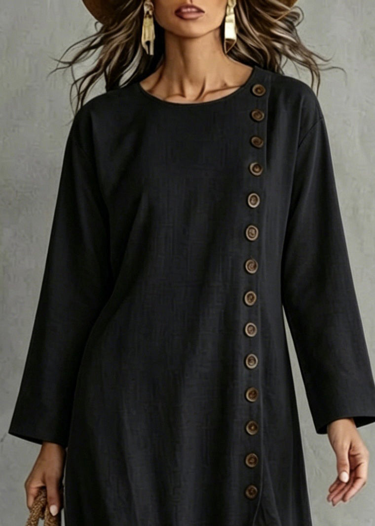 Plus Size Black Single Breasted Cotton Two-Piece Set Fall