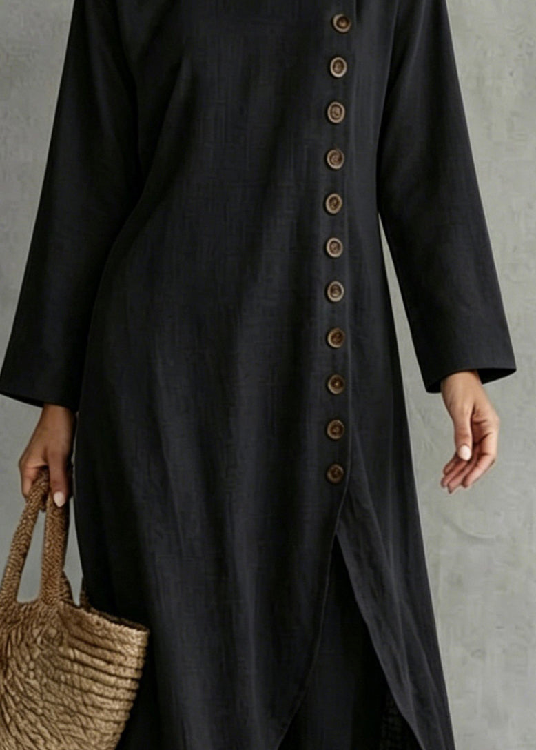 Plus Size Black Single Breasted Cotton Two-Piece Set Fall