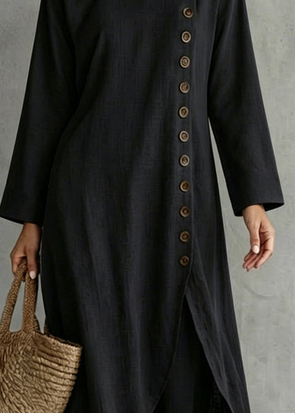 Plus Size Black Single Breasted Cotton Two-Piece Set Fall