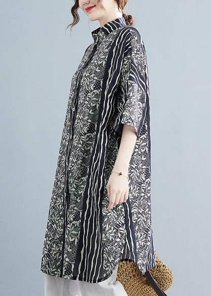 Plus Size Black Stand Collar Print Linen Shirt Dress Summer