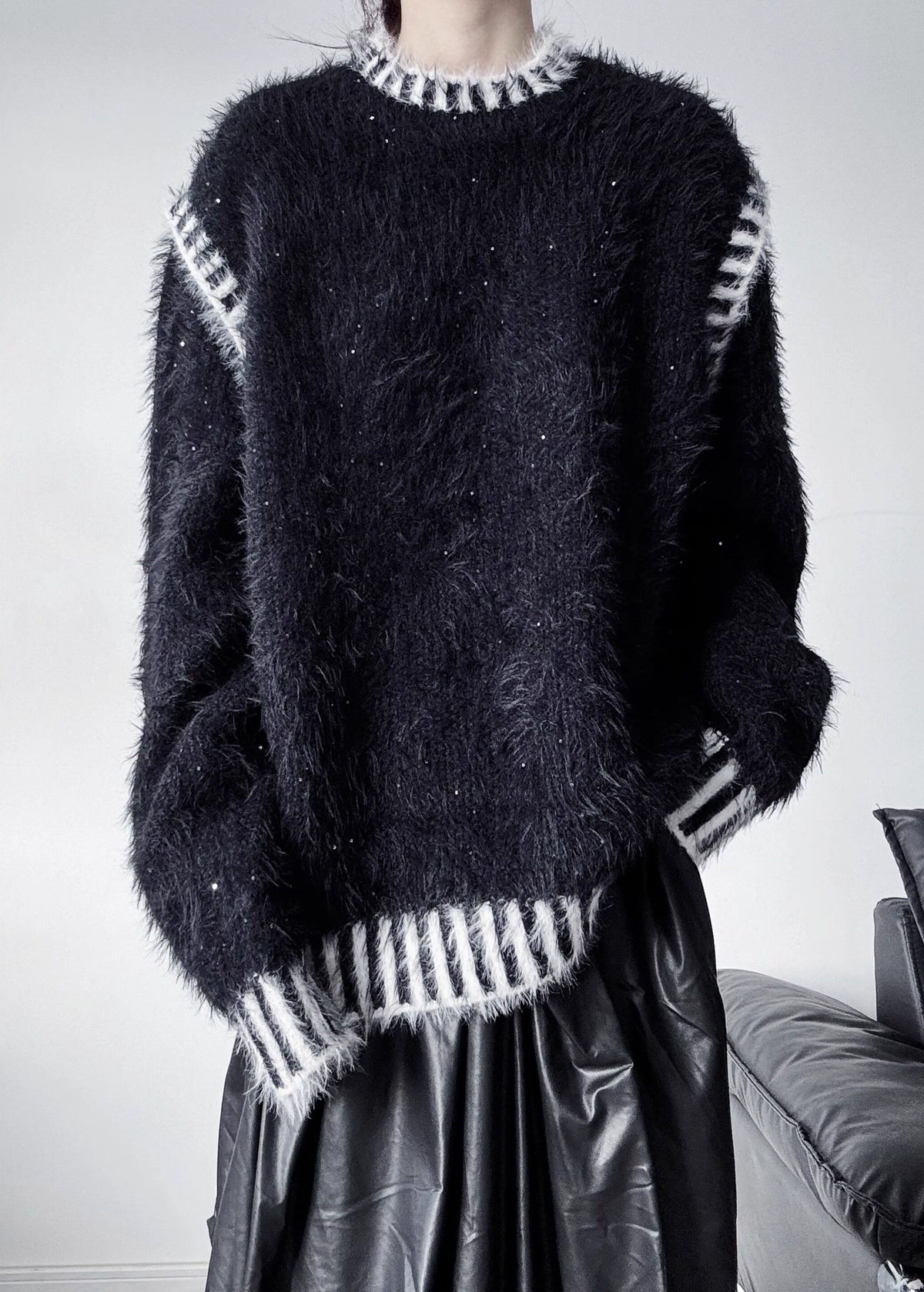 Plus Size Black Striped Thick Mink Hair Knitted Tops Winter