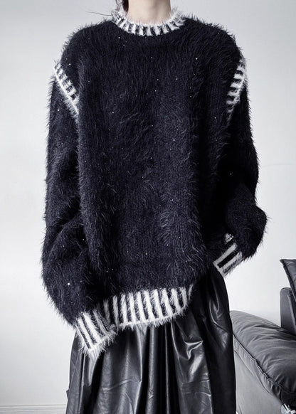 Plus Size Black Striped Thick Mink Hair Knitted Tops Winter