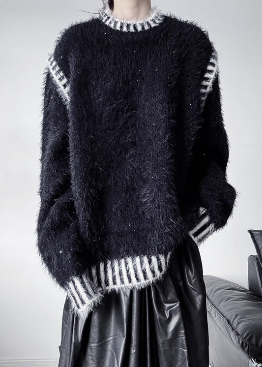 Plus Size Black Striped Thick Mink Hair Knitted Tops Winter