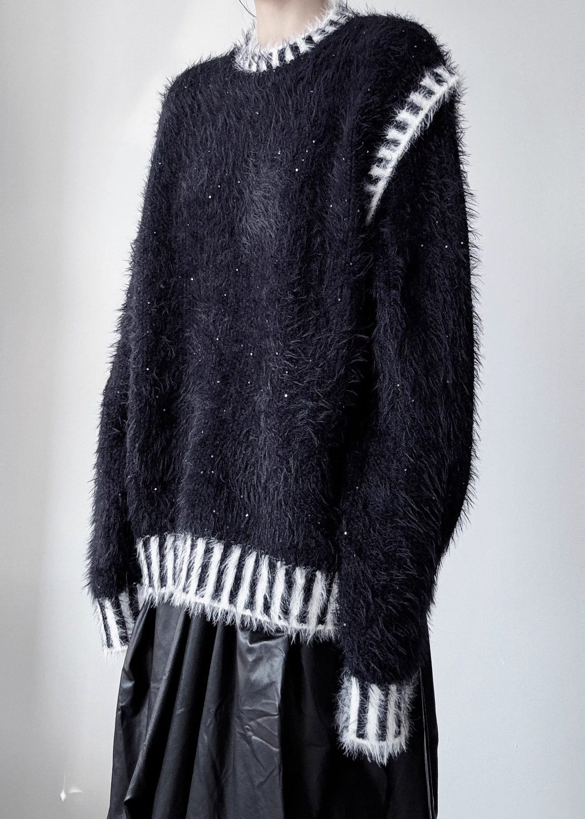 Plus Size Black Striped Thick Mink Hair Knitted Tops Winter