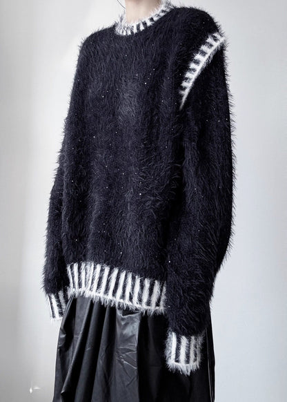 Plus Size Black Striped Thick Mink Hair Knitted Tops Winter