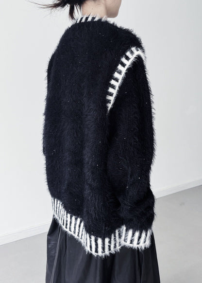 Plus Size Black Striped Thick Mink Hair Knitted Tops Winter