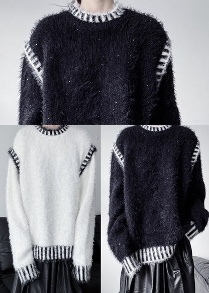 Plus Size Black Striped Thick Mink Hair Knitted Tops Winter