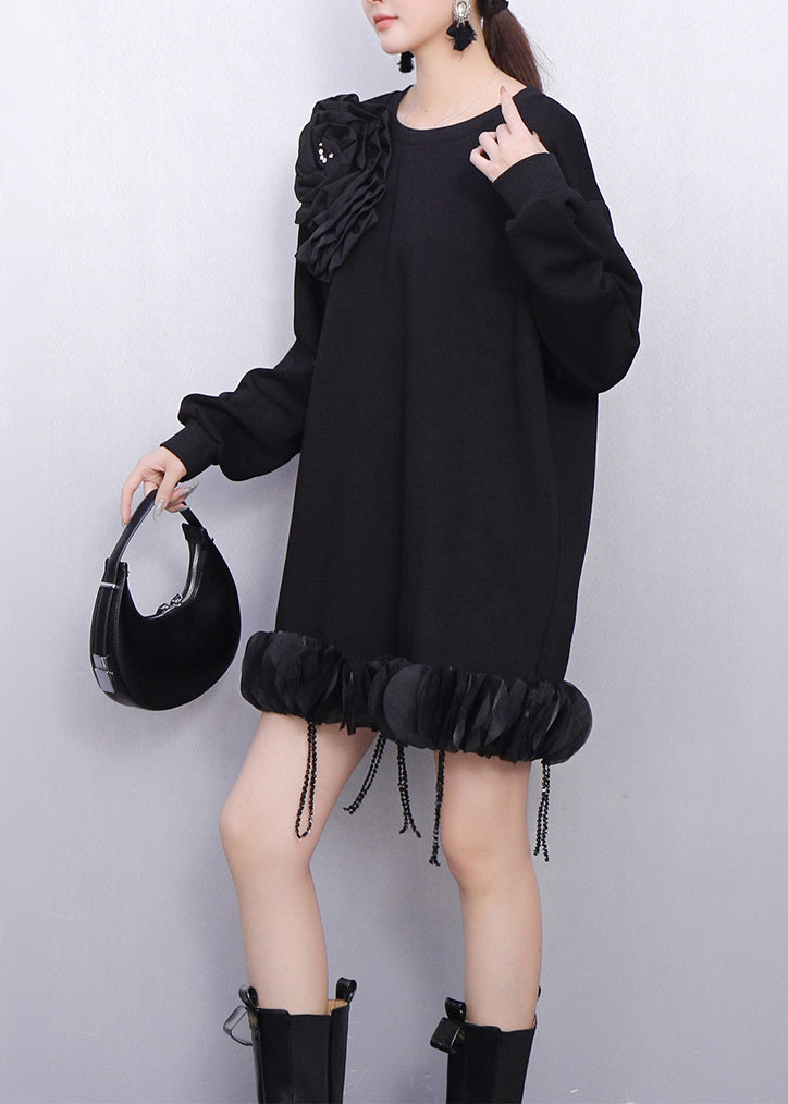 Plus Size Black Tasseled Floral Cotton Day Dress Spring