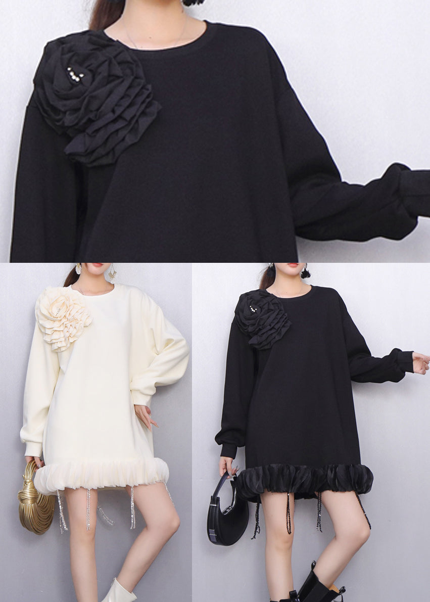 Plus Size Black Tasseled Floral Cotton Day Dress Spring