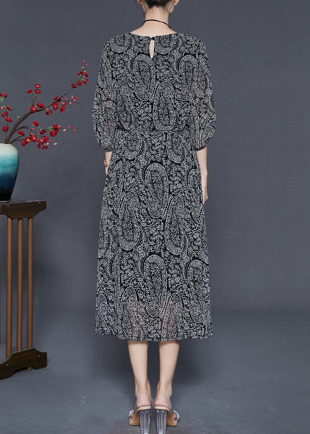 Plus Size Black Tie Waist Print Chiffon Dress Summer