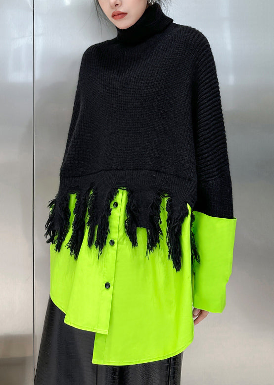 Plus Size Black Turtleneck Asymmetrical Patchwork Knit Sweater Winter