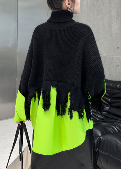 Plus Size Black Turtleneck Asymmetrical Patchwork Knit Sweater Winter