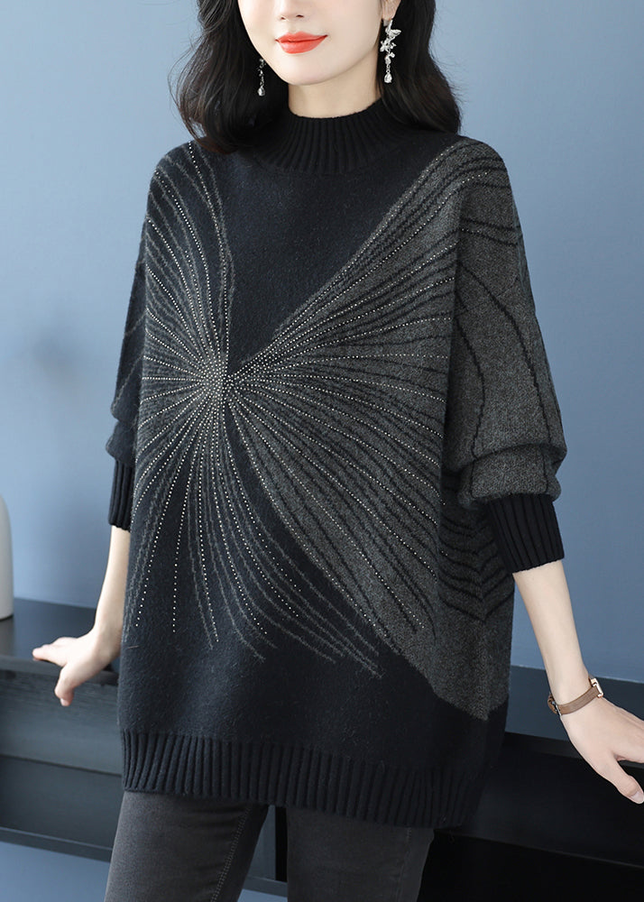 Plus Size Black Turtleneck Zircon Thick Knit Sweaters Fall