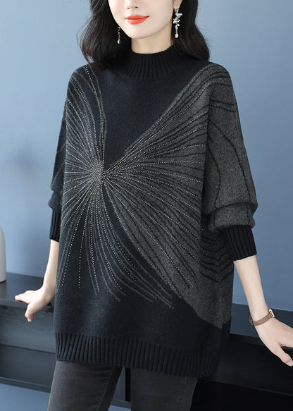 Plus Size Black Turtleneck Zircon Thick Knit Sweaters Fall