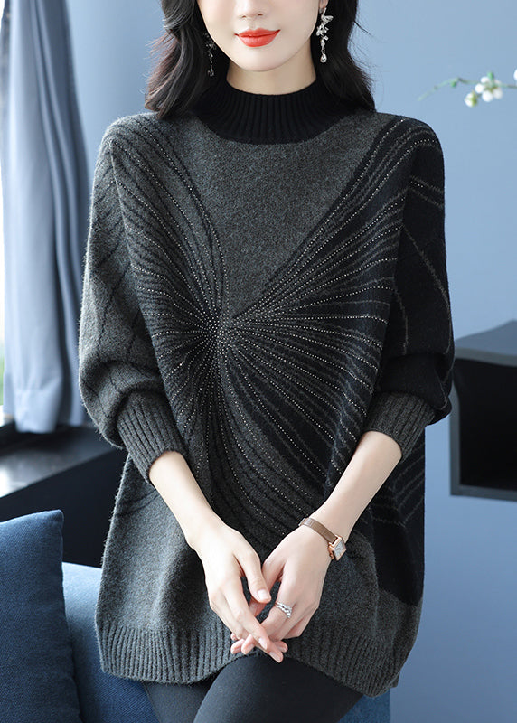 Plus Size Black Turtleneck Zircon Thick Knit Sweaters Fall