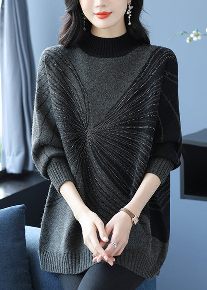 Plus Size Black Turtleneck Zircon Thick Knit Sweaters Fall