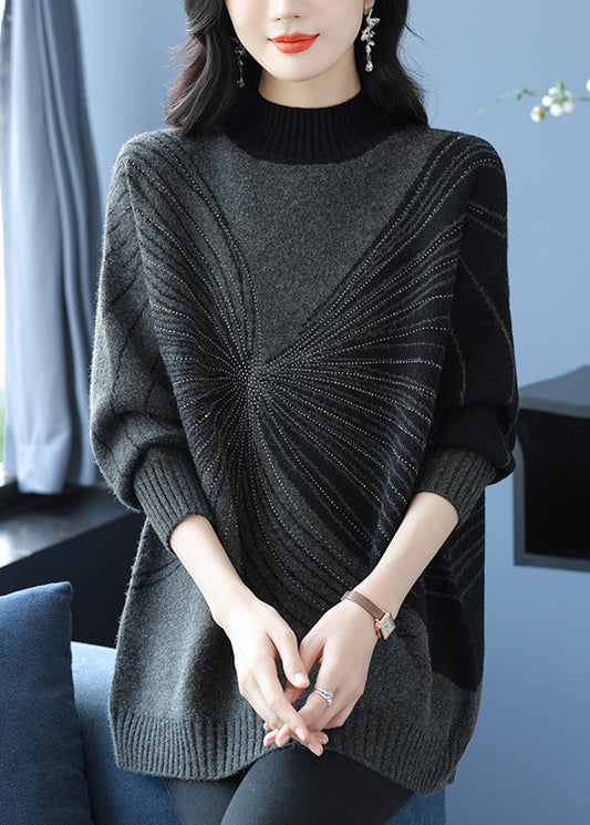 Plus Size Black Turtleneck Zircon Thick Knit Sweaters Fall