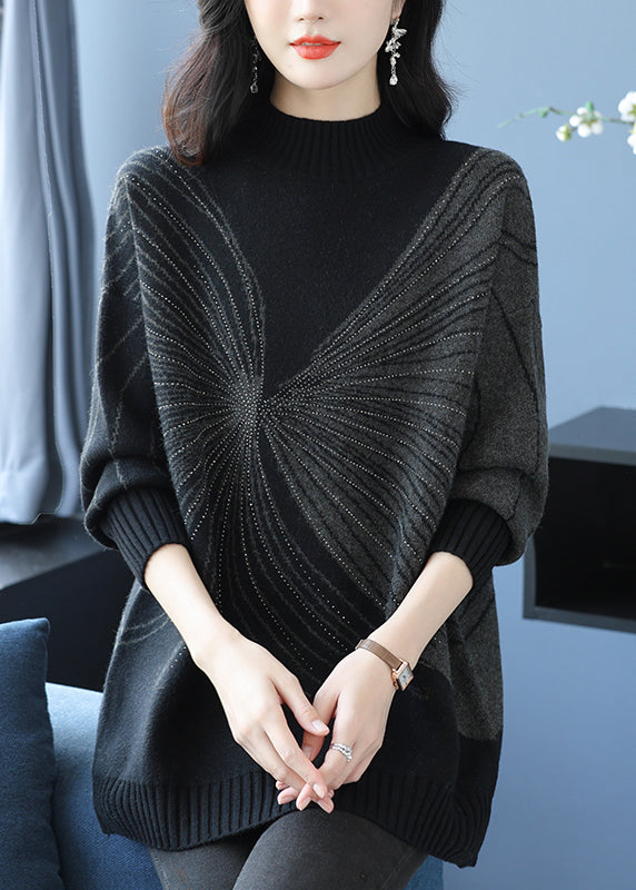 Plus Size Black Turtleneck Zircon Thick Knit Sweaters Fall
