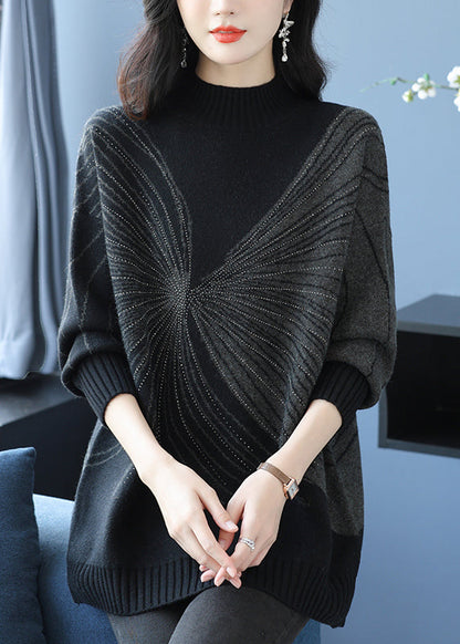 Plus Size Black Turtleneck Zircon Thick Knit Sweaters Fall