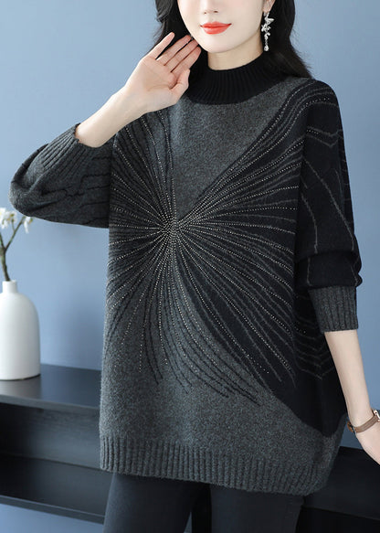 Plus Size Black Turtleneck Zircon Thick Knit Sweaters Fall