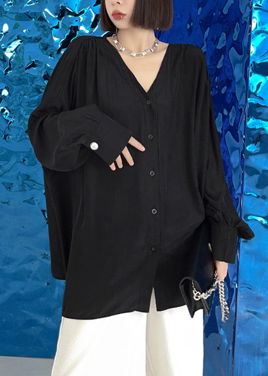 Plus Size Black V Neck Button Patchwork Cotton Blouse Tops
