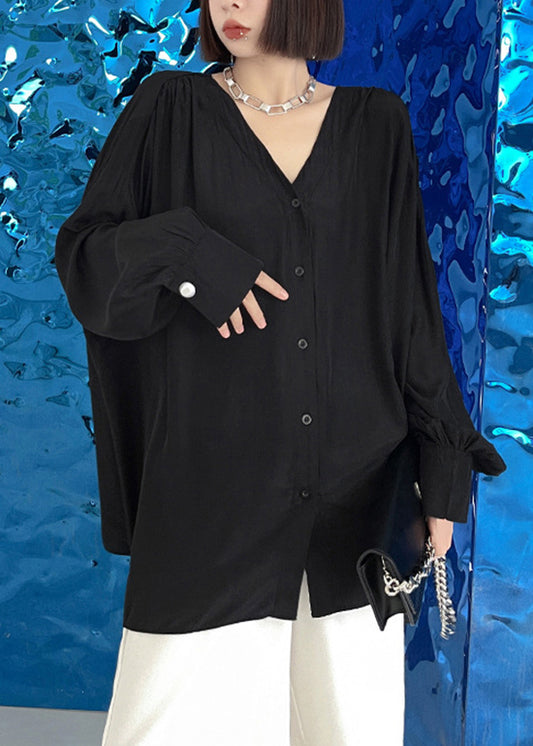 Plus Size Black V Neck Button Patchwork Cotton Blouse Tops