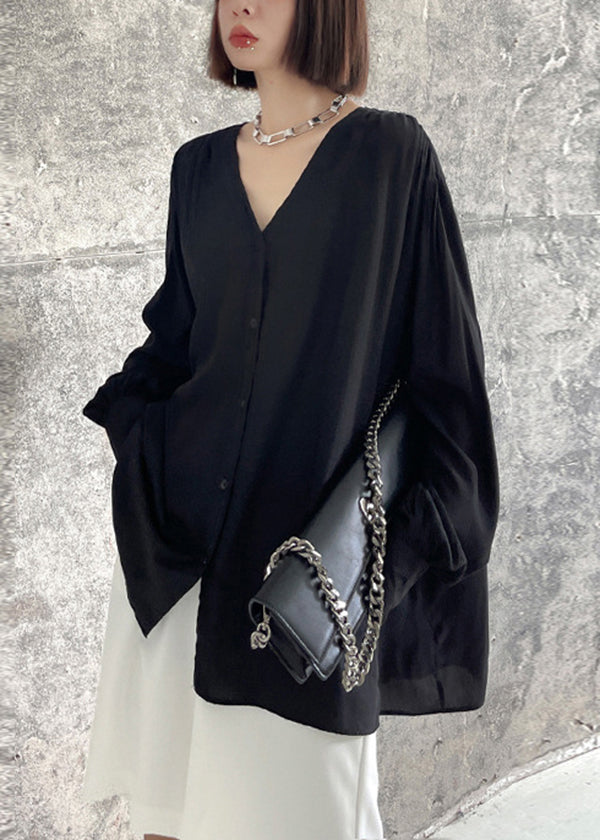 Plus Size Black V Neck Button Patchwork Cotton Blouse Tops