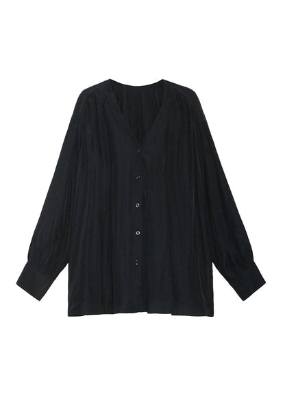 Plus Size Black V Neck Button Patchwork Cotton Blouse Tops