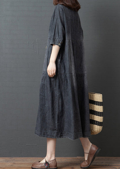 Plus Size Black V Neck Cotton Denim Holiday Dress Half Sleeve1