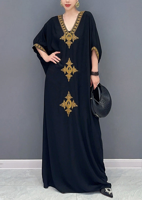 Plus Size Black V Neck Embroidered Cotton Maxi Dress Batwing Sleeve