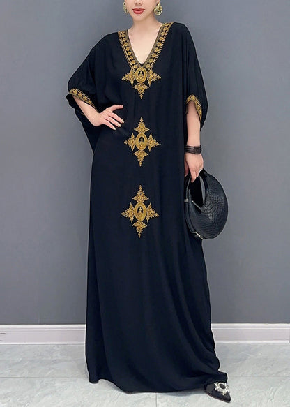 Plus Size Black V Neck Embroidered Cotton Maxi Dress Batwing Sleeve