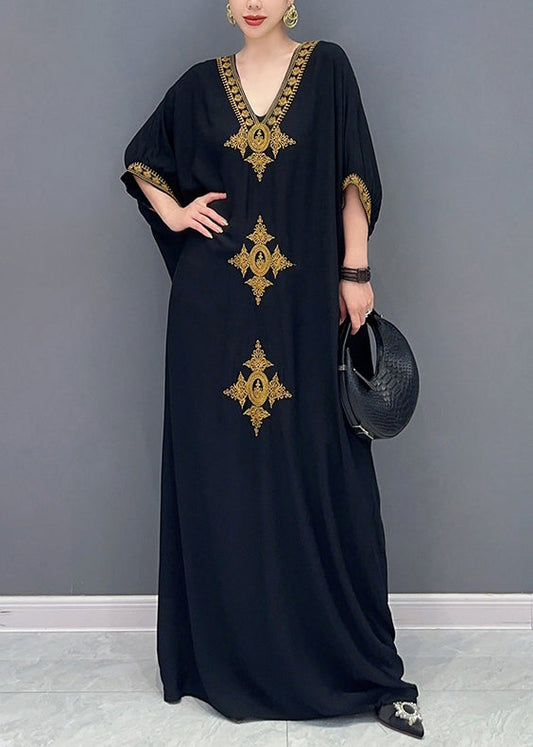 Plus Size Black V Neck Embroidered Cotton Maxi Dress Batwing Sleeve
