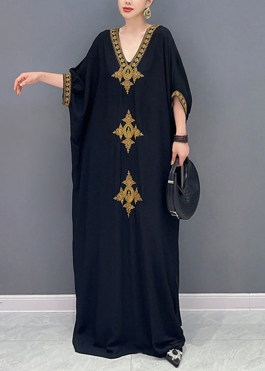 Plus Size Black V Neck Embroidered Cotton Maxi Dress Batwing Sleeve
