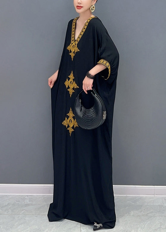 Plus Size Black V Neck Embroidered Cotton Maxi Dress Batwing Sleeve