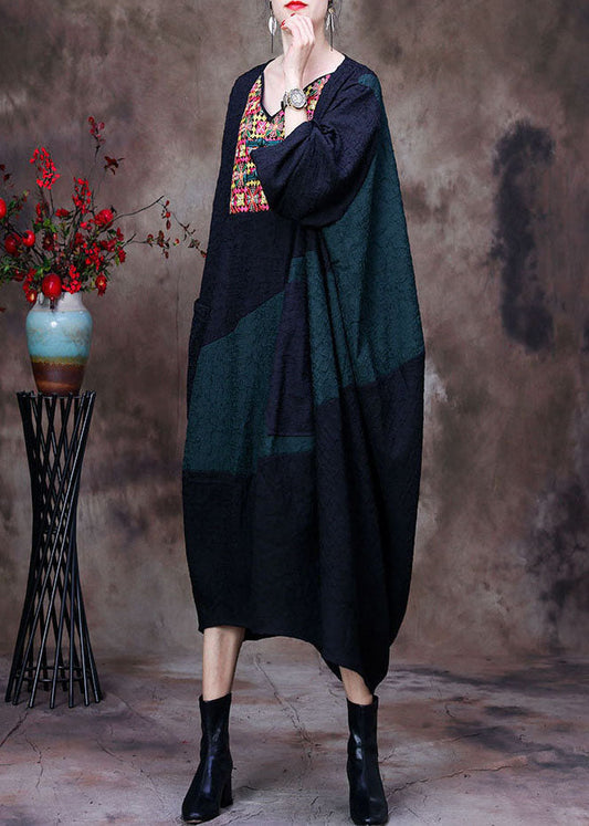 Plus Size Black V Neck Embroideried Patchwork Wrinkled Silk Dresses Long Sleeve
