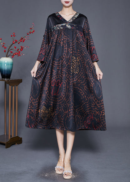 Plus Size Black V Neck Patchwork Print Silk Dress Fall