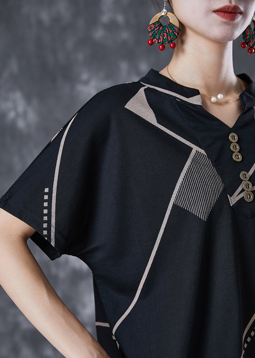 Plus Size Black V Neck Print Button Cotton Two Pieces Set Summer