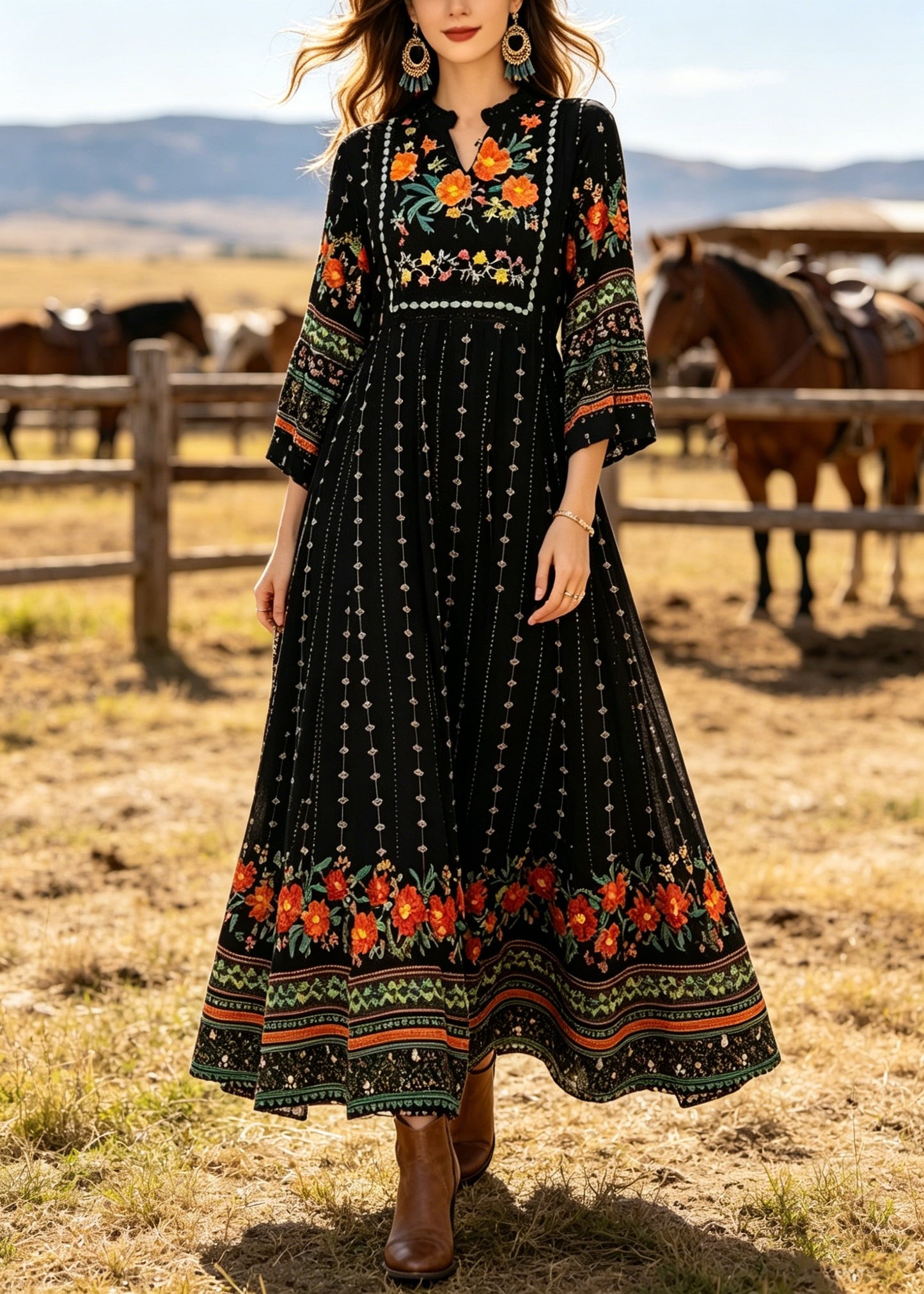 Plus Size Black V Neck Print Cotton Long Dress Summer