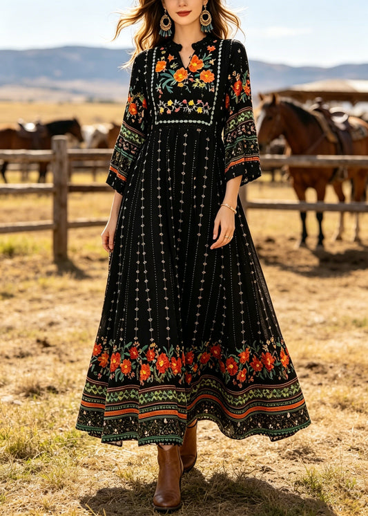 Plus Size Black V Neck Print Cotton Long Dress Summer